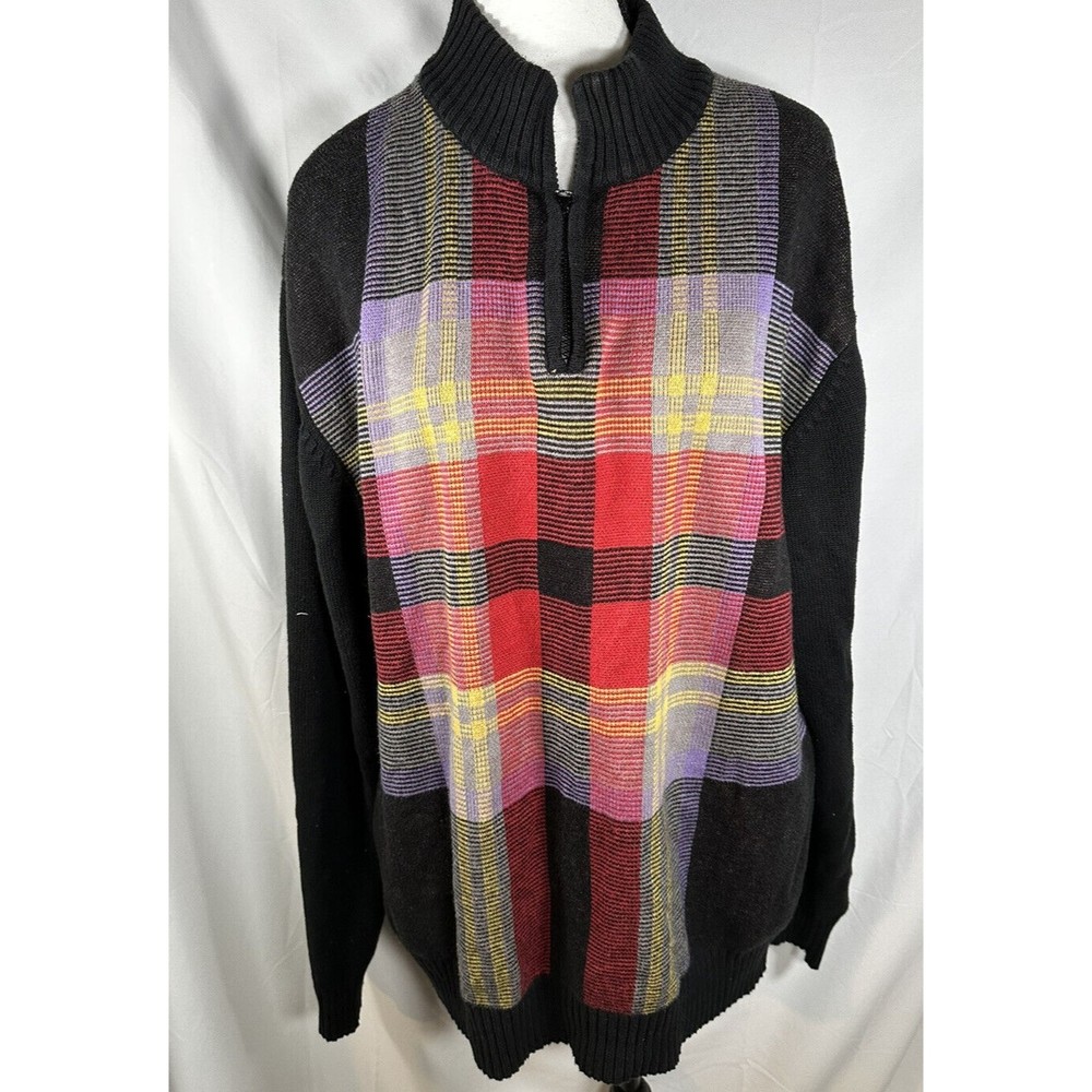 Peletti Sweater Adult Mens XL 1/4 Zip Multi color Plaid Mock Neck Long Sleeve